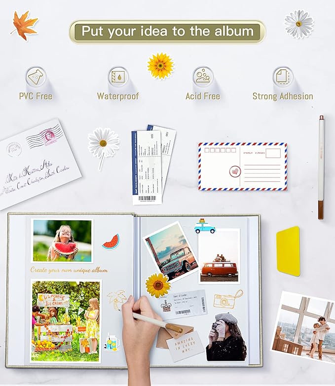 popotop Photo Album Self Adhesive with Picture Display Window,60 Pages DIY Scrapbooking Supplies Kit for 4x6 8x10 Picture,Linen Cover Memory Book for Baby Wedding, with Scraper and Metallic Pen