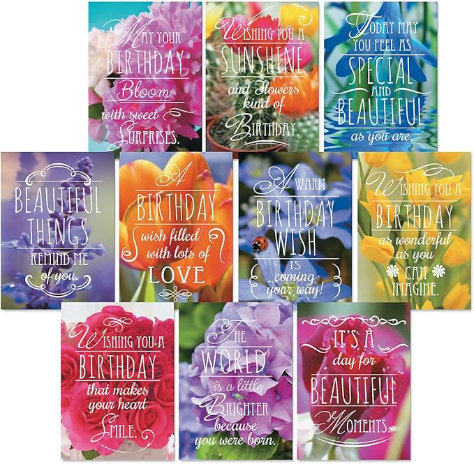Current Floral Birthday Greeting Cards Value Pack - Set of 20, 10 Unique Designs, Large 5 x 7 Inch Cards, Sentiments Inside, Envelopes Included