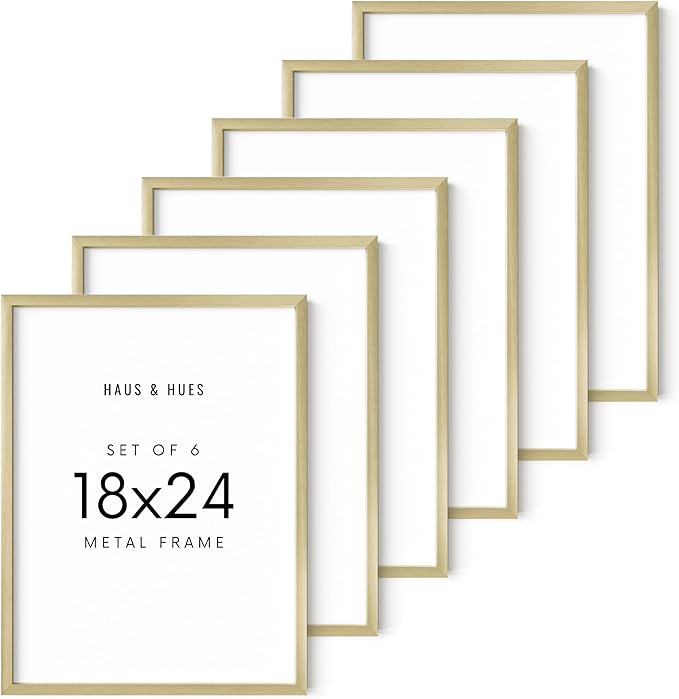 HAUS AND HUES 18x24 Gold Metal Picture Frames - Premium Aluminum with Hanging Hardware, Shatterproof Plexiglass - Perfect for Home or Office (18x24 in, Gold, Set of 6)