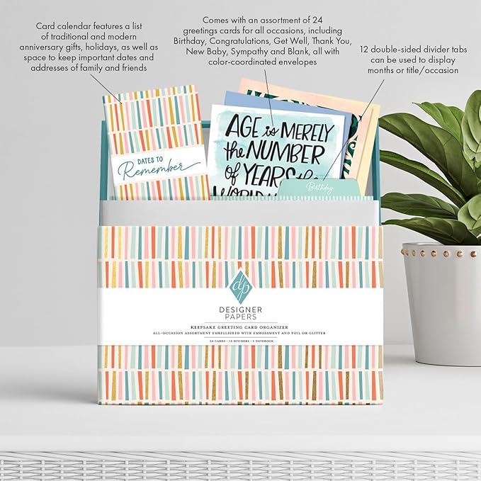 Designer Papers All-Occasion Greeting Card Boxed Assortment (24 Cards with Envelopes) Multicolor Striped Organizer Box – Birthday, Thank You, Get Well, Sympathy, Wedding, New Baby and Congratulations
