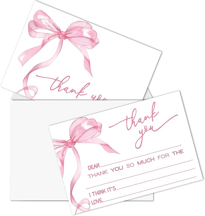 Bow Kids Thank You Cards, Pink Thank You Card For Baby Shower Birthday Party Wedding Bridal, Kids Birthday Cards Fill In The Blank, 20 Pack Cute Greeting Cards With Envelopes For Boys Girls, 014