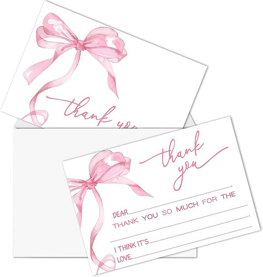 Bow Kids Thank You Cards, Pink Thank You Card For Baby Shower Birthday Party Wedding Bridal, Kids Birthday Cards Fill In The Blank, 20 Pack Cute Greeting Cards With Envelopes For Boys Girls, 014