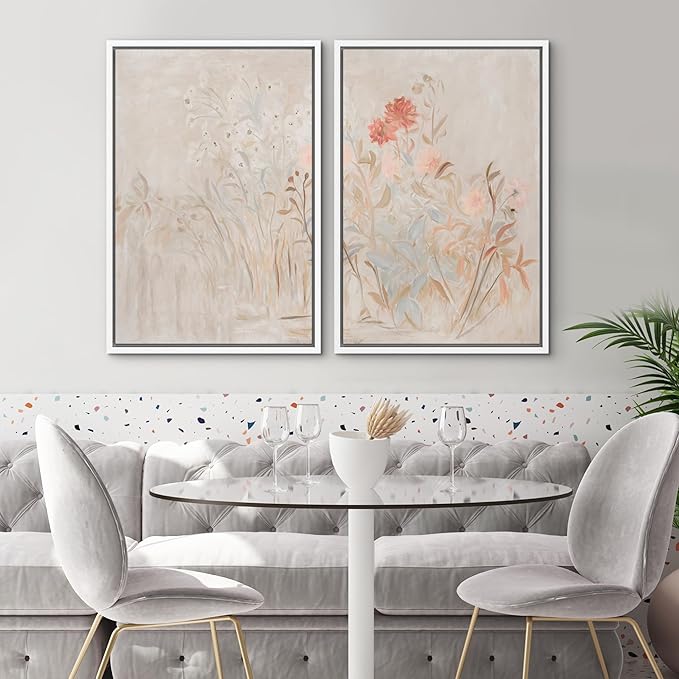 SIGNWIN Framed Canvas Print Wall Art Set Soft Pastel Wildflower Botanical Floral Illustrations Modern Art Scenic Colorful for Living Room, Bedroom, Office - 24"x36"x2 White