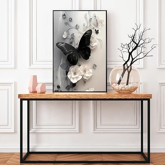 Black Butterfly with Flowers Canvas Poster Modern Minimalist Wall Art Trendy Elegant Painting Prints Vintage Nature Botanical Aesthetic Home Decor for Bedroom Living Room 16x24inch Metal Black Framed