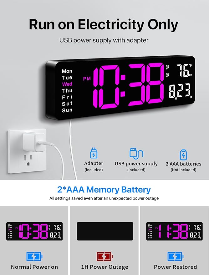 MASHI Digital Wall Clock, 16" Large Display Digital Clock with Remote Control, Auto-Dimming Wall Clock with Night Light, DST, Date Week,Temp for Living Room, Bedroom, Decor, Gift for Elderly