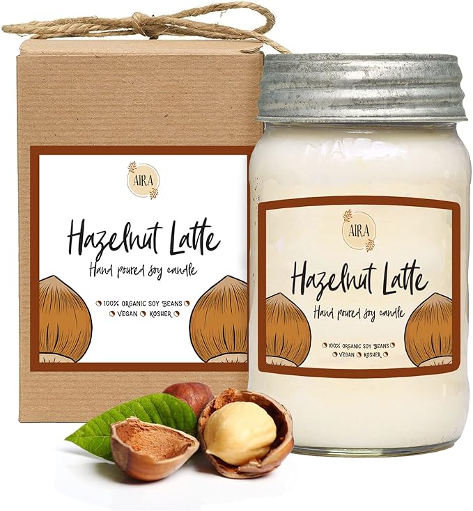 Aira Soy Candles - Organic, Kosher, Vegan, in Mason Jar w/Therapeutic Grade Essential Oil Blends - Hand-Poured 100% Soy Candle Wax - Paraffin Free, Burns 110+ Hours - Hazelnut Latte -16 Ounces