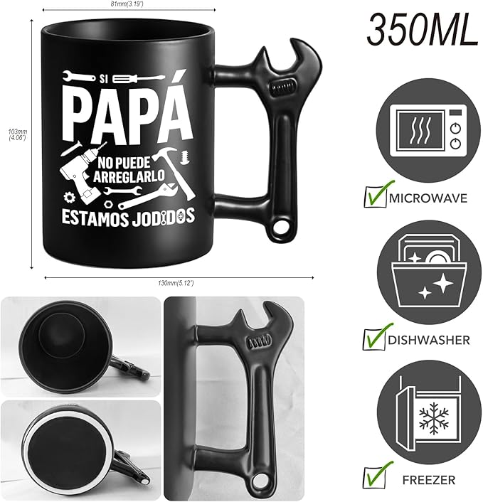 LOZACHE Cool Mug for Dad - If Dad Can't Fix It... - Original Father's Day Gift - 350 ml - Black mug With Wrench-shaped Handle, Dad's Birthday Gift, Christmas, Father's Day (Black for Papá)