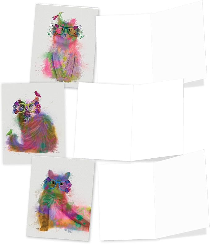 The Best Card Company 20 Assorted Blank Notecards Bulk Box Set 4 x 5.12 Inch with Envelopes (10 Designs, 2 Each) Funky Rainbow Cats AM6199OCB-B2x10