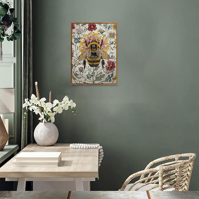 Djmwtb Vintage Framed Wall Art Bee Canvas Wall Art Prints Botanical Flower Painting Nature Pictures Artwork for Bedroom Living Room Office 12x16in