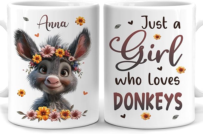 Hyturtle Personalized Cute Donkey Coffee Mug - Just A Girl Who Loves Donkeys - Custom 11oz & 15oz Ceramic Mug - Birthday Gift For Animal Lovers