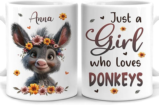 Hyturtle Personalized Cute Donkey Coffee Mug - Just A Girl Who Loves Donkeys - Custom 11oz & 15oz Ceramic Mug - Birthday Gift For Animal Lovers