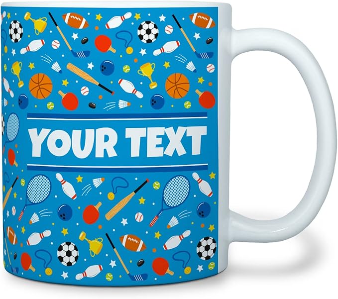 Personalized Mug for Kids - Sports - Custom Name/Text, Ceramic Hot Chocolate/Cocoa/Coffee Cup for Boys/Girls, Birthday/Christmas/Holiday Gift - 11 oz, Light Blue Handle