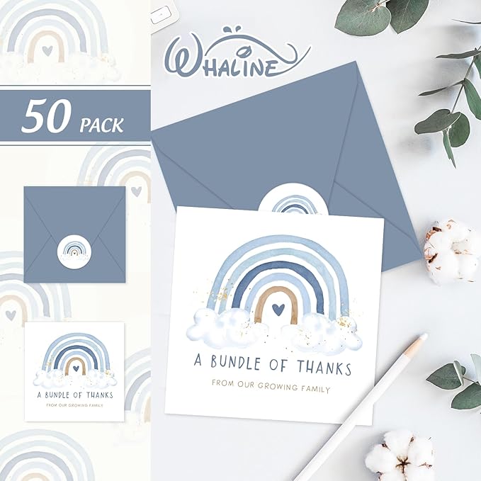Whaline 50 Pack Blue Rainbow Thank You Cards Boxed 5 x 5 Inch A Bundle of Thanks From Our Growing Family Note Cards with Envelope Sticker Greeting Blank Card for Birthday Baby Shower