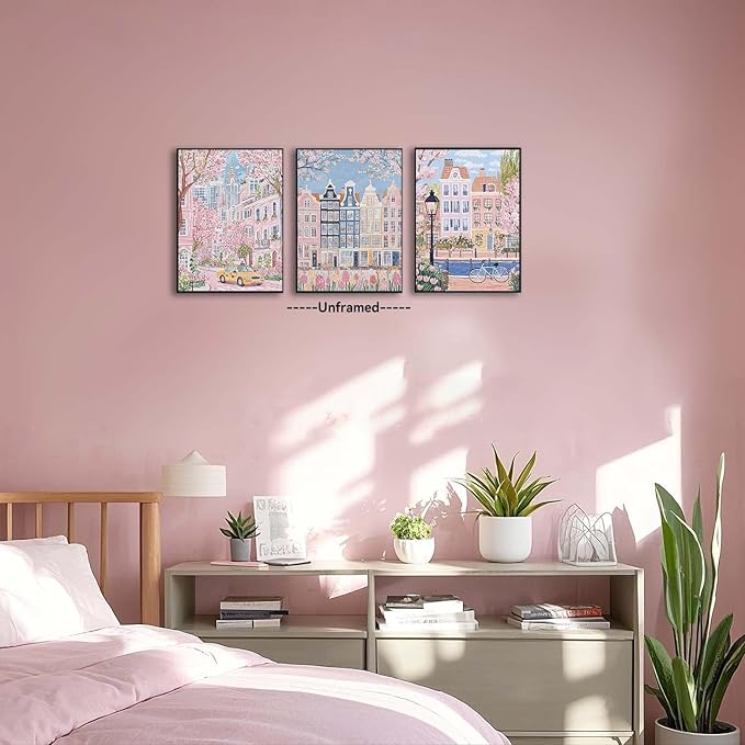XLARTMY Watercolor City Landscape Travel Wall Art Canvas Framed Pink Cherry Flower Poster Girly Prints Painting Pictures Set of 3 for Bedroom Living Room Office 16x12in Unframed