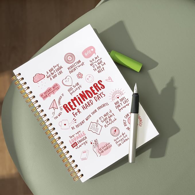 Daily Affirmations Inspirational Notebook, Motivational Quote Journal, Reminders for Hard Days Positive Affirmation Preppy Pink Spiral Notebook Journal for Note Taking, 5.5x8.3 Inch