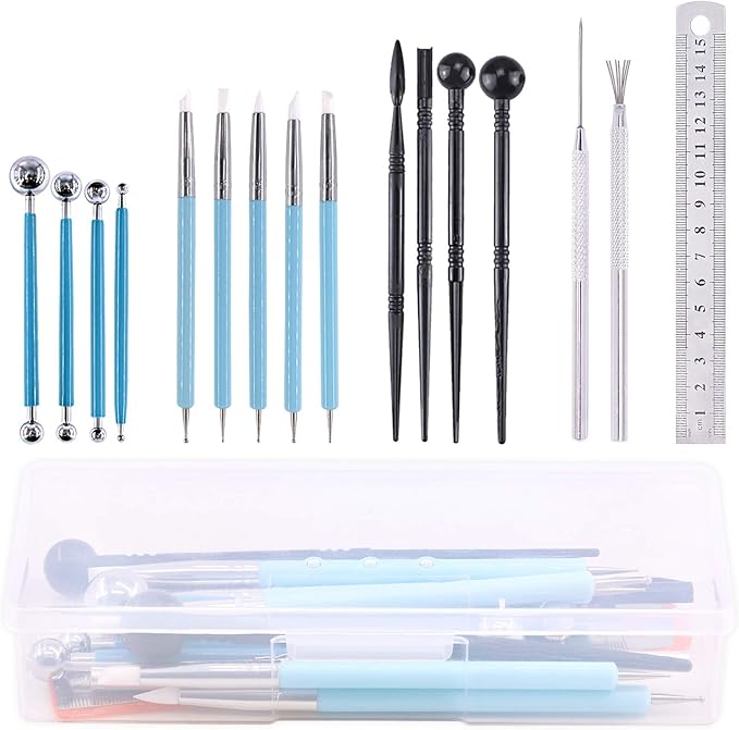 Rustark 16 Pcs Polymer Clay Tools, Professional Modeling Sculpting Tools, Ceramic Detail Tools with Rubber Tip Pen, Ball Stylus, Sculpture Needle for Cake Decorating, Soap Making