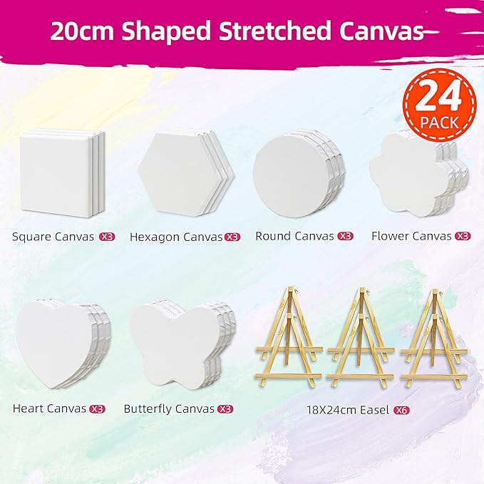 24 Packs 20cm Stretched Canvases for Painting, Various Shapes Square, Plum Blossom, Heart Shape, Circular, Butterfly, Hexagonal, Primed Blank Canvas for Oil, Acrylic Paint & Other Painting Media