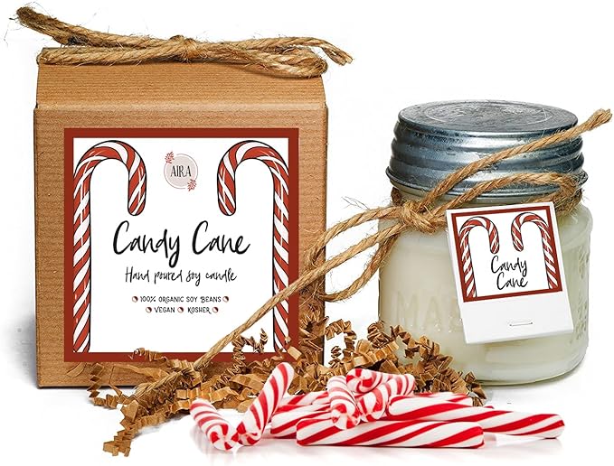 Aira Soy Christmas Candles - Organic, Kosher, Vegan, in Mason Jar w/Essential Oil Blends - Hand-Poured 100% Soy Candle Wax - Paraffin Free, Burns 60+ Hours - Peppermint Candy Cane - 8 Ounces