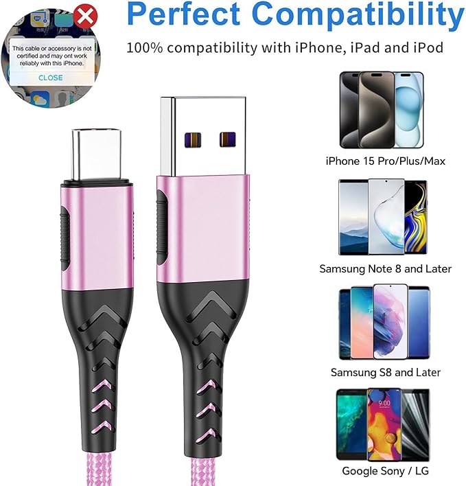 Durcord USB C Cable,2Pack 6ft Fast USB Type C Charging Cable for Android/Phone/Pad/Laptop, Type C Charger Braided USB Cable Compatible with iPhone 15 Pro/Plus/Max/Android/Phone/Pad Rose Gold