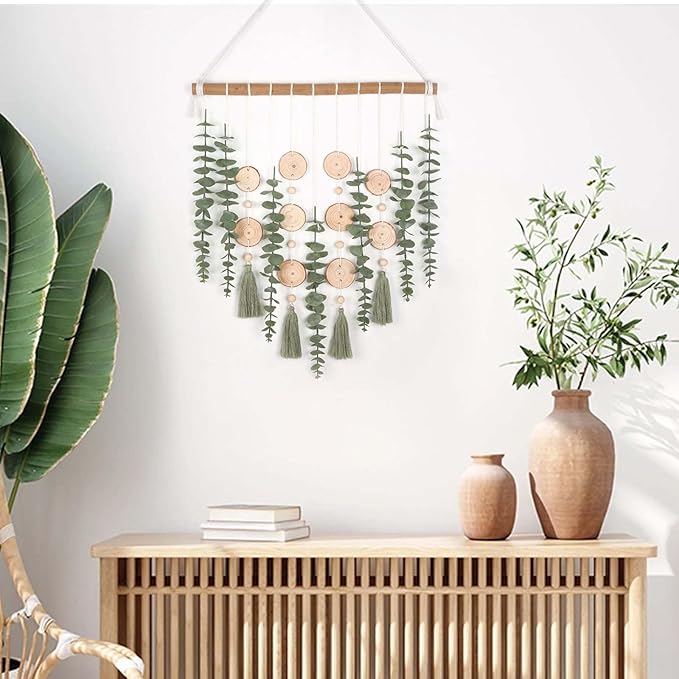 Artificial Eucalyptus Plant Wall Decor Fake Greenery Leaves Stems Wall Hanging Faux Plants on Wood Stick Green Boho Rustic Farmhouse Decor for Bathroom Bedroom Dining Room Indoor Home