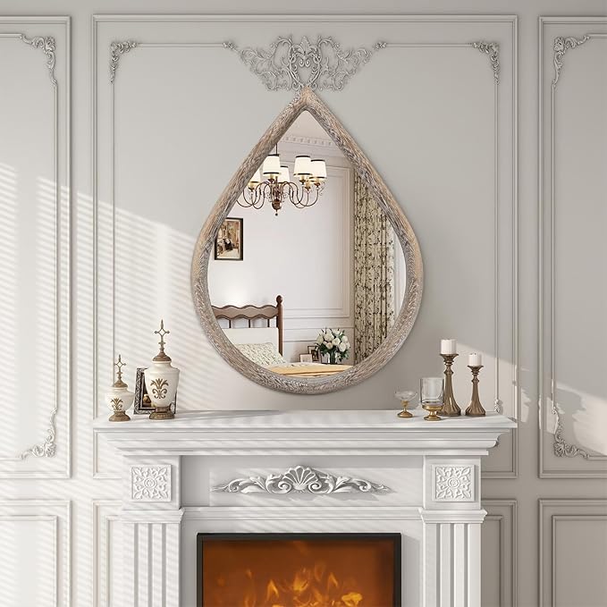 Rustic Farmhouse Wall Mounted Mirror Solid Wood Frame Teardrop Mirrors Wall Decorative Mirror for Bathroom Entryway Living Room Home Decor