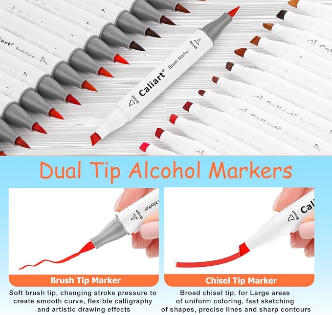 Caliart 101 Colors Alcohol Markers Brush Tip & Chisel, Dual Tip Art Markers Set for Adults Artists Sketch Illustration Coloring Book, Permanent Colored Drawing Pen Art Supplies Christmas Gifts