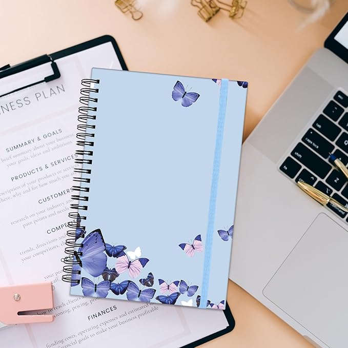 Spiral Notebook,Hardcover Journal Wide Ruled Spiral Notebook,A5 5.5 x 8.3 Inch,80GSM Thick Paper 60 Sheets 120 Pages for Girls Women School Office Aesthetic Cute-Purple Butterfly