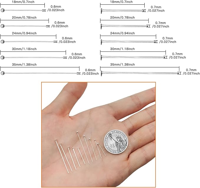 1000pcs Assorted Head Pins Set for Jewelry Making,Includes 500Pcs Ball Heads Pin and 500Pcs Flat Head Pins Eye Pins Beading Pins for Beading Jewelry Making (Silver, 18mm, 20mm, 24mm, 30mm, 35mm)