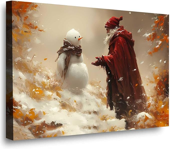 Vintage Christmas Canvas Painting Santa with Snowman Christmas Character Canvas Wall Art Holiday Winter Poster Indoor Decor for Home Offices Living Room Bedroom Dining Room Framed Ready to Hang