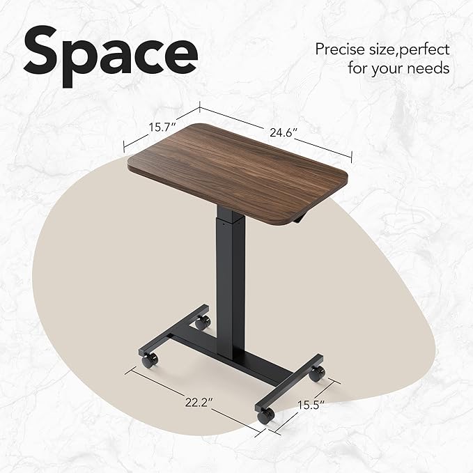 HUANUO Small Rolling Laptop Standing Desk, Height Adjustable Mobile T-Base Desk with Lockable Casters, Portable Sit-Stand Workstation for Bedside & Sofa, Walnut