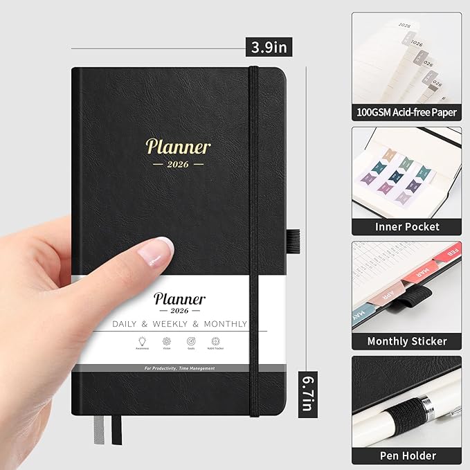 AHGXG Small Pocket Planner 2026-2027, Weekly and Monthly Calendar Planner, 15 Months, JAN 2026 - MAR 2027, Mini Size, Hardcover, Inside Pocket, For Women Men School Home Office Supplies, 3.9''X 6.7'' - Black