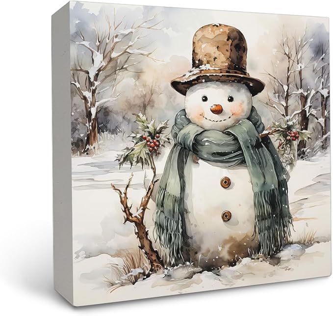 OFlich Vintage Snowman Wooden Box Sign, Rustic Winter Snowman Sign for Home Office Desk Table Shelf Decor, Winter Home Decor, 5x5 Inch