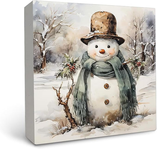 OFlich Vintage Snowman Wooden Box Sign, Rustic Winter Snowman Sign for Home Office Desk Table Shelf Decor, Winter Home Decor, 5x5 Inch