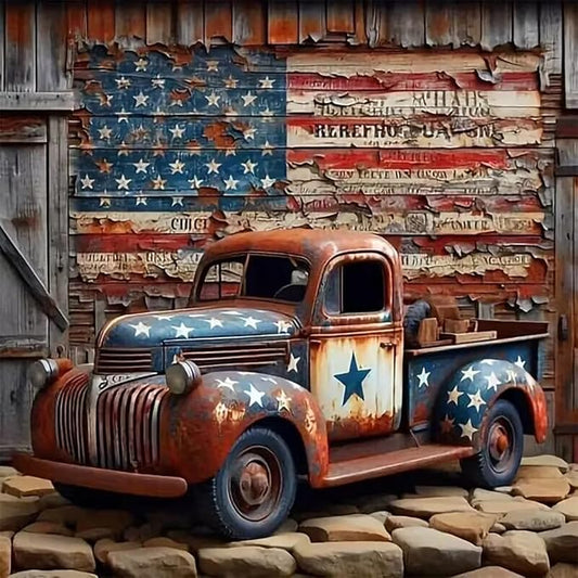 CHWGLFGG 5D Truck Diamond Art Kits for Adults Beginners,DIY Full Round Drill Diamond Painting Kits American Flag, Paint by Diamonds Dot Gem Art Crystal Easy,Home Wall Decor 13.7X 13.7Inch