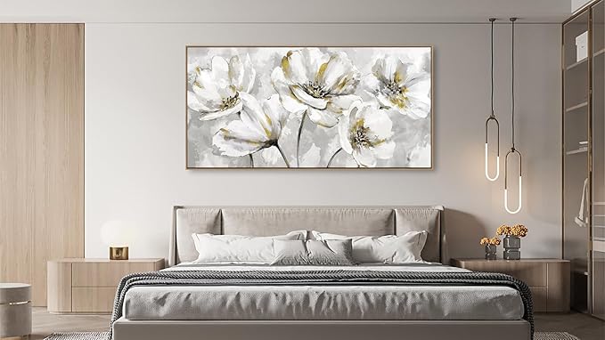 arteWOODS Flowers Framed Wall Art - Gray White Flowers with Yellow Accents Canvas Pictures Wall Decor Botanical Painting Artwork Elegant Floral Prints Living Room Bedroom 58 x 29in Natural Wood Frame