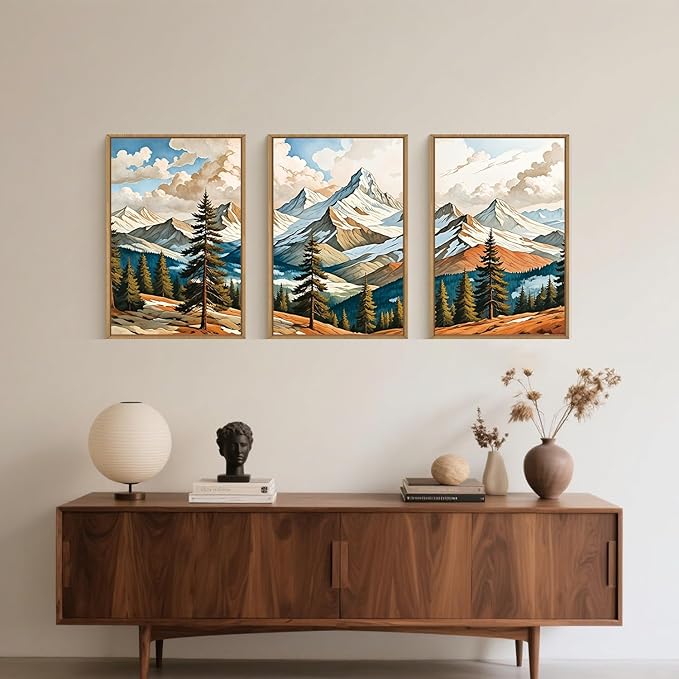 Large Woodcut Style Mountains Framed Canvas Wall Art,Vintage Pine Trees Wall Decor,Boho Natural Snow Ridge Artwork,Modern Woodland Landscape Art Print for Living Room,Bedroom,Office- 16"x24"x3