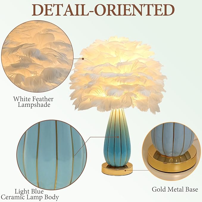 Chic White Feather Lamp Creative Feather Bedside Lamp Princess Nightstand Table Lamp Deco Nordic Desk Light for Cute Girl Bedroom Wedding Christmas Gift Living Room Entry Ceramic Body