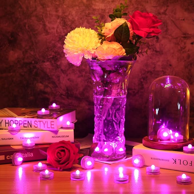 HL Submersible LED Light,Pink Small LED Light,100 Hours Waterproof Flameless Led Lights Battery Powered for Wedding Home Vase Festival Party Decoration 12pcs (Built-in 24 Batteries)