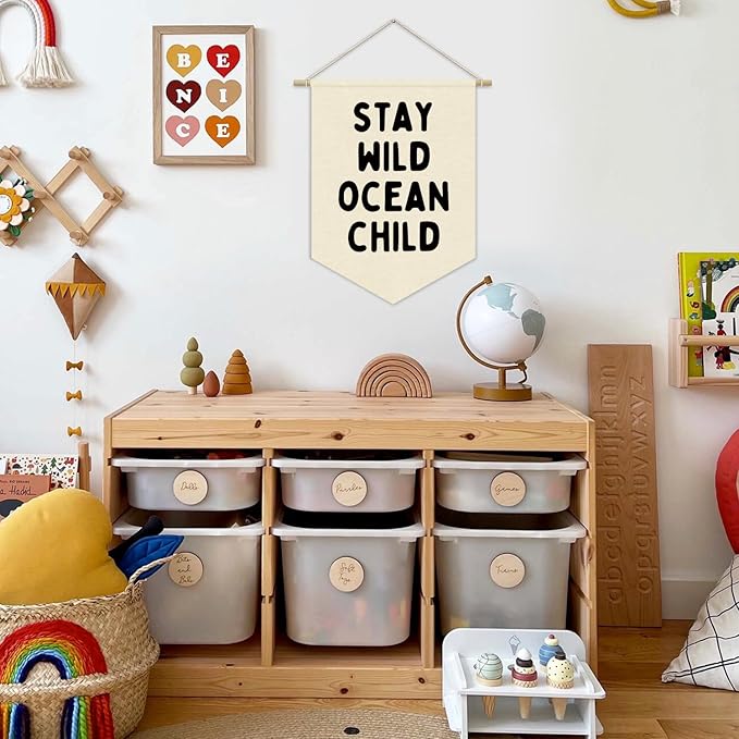 Ocean Nursery Decor, Stay Wild Ocean Child Linen Canvas Banner, Coastal Nautical Nursery Wall Hanging Pennant Flag Banner for Kids Toddler Room Bedroom Playroom Decor, 15x11in