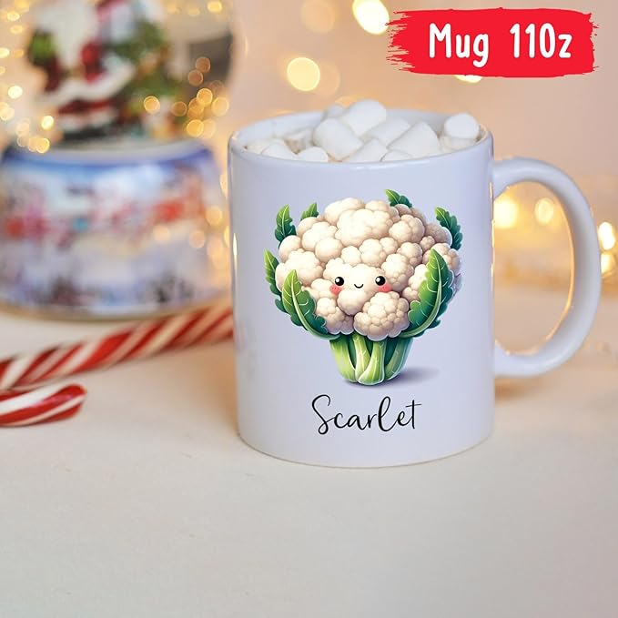 Cauliflower Mug, Personalized Cute Cauliflower Coffee Cup Choose Name, Cauliflower Gift, Custom Vegetable Travel Mugs Gifts For Cauliflower Lovers, Vegan Fans Cups, Cauliflower White Mug 11oz 15oz