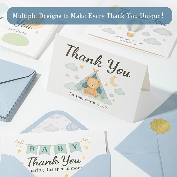 C2U Baby Shower Thank You Cards for Boy - 48 Pack with Envelopes & Gold Stickers,Baby Shower Greeting Cards Bulk for Newborn Party