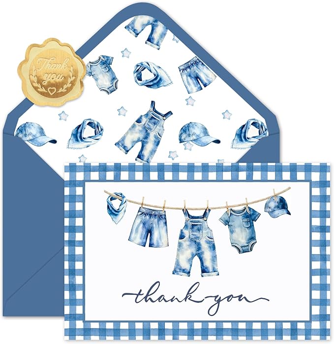 Whaline 24 Pack Blue Jean Baby Shower Thank You Cards Greeting Cards Blank Note Card with Envelopes Stickers for Birthday Gender Reveal, 4 x 6 Inch