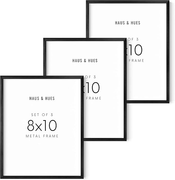 HAUS AND HUES 8x10 Black Metal Picture Frames - Features Premium Aluminum & Hanging Hardware, Shatterproof Plexiglass - Ideal for Home, Room, Office (8x10 in, Black, Set of 3)