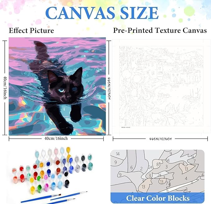CSZPPQAF Paint by Numbers Kit for Adults Beginner, Black Cat Swimming Paint by Number Kits on Canvas, DIY Easy Acrylic Watercolor Oil Painting by Numbers for Home Wall Decor 16X16inch
