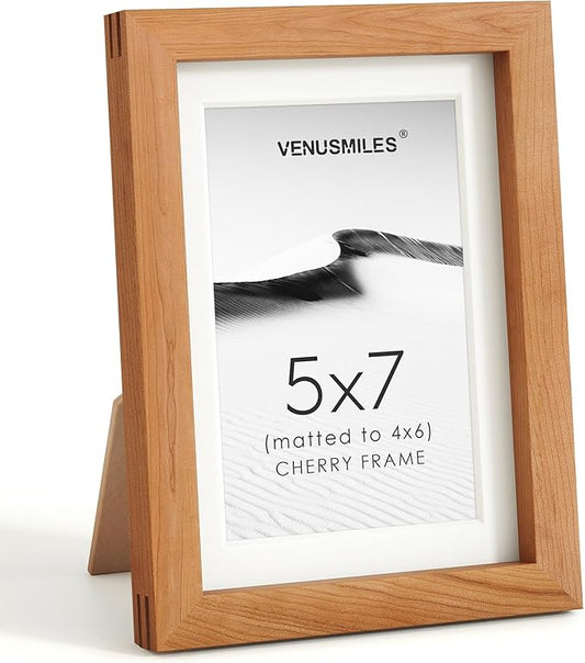 5x7 Picture Frame, USA-Sourced Natural Cherry Wood Photo Collage Frame with HD Tempered Glass, Modern Simple 5 x 7 Wooden Frame Matted to 4x6, Gallery Wall Frames for Art, Wall or Tabletop Display