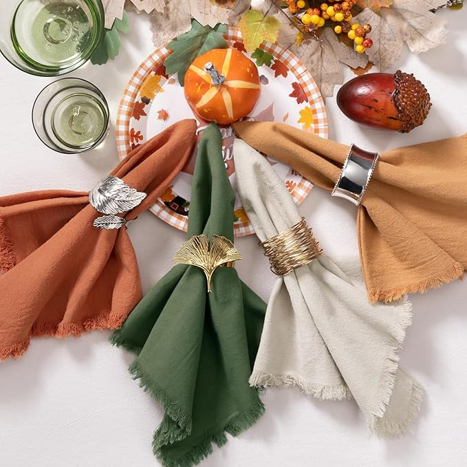 12 Pack Mixed Thanksgiving Color Cotton Linen Napkins with Fringe Fall Napkins Cloth Set of 12 Boho Napkins Handmade Dinner Napkins Bulk for Wedding Thanksgiving Dining Table, 17 x 17