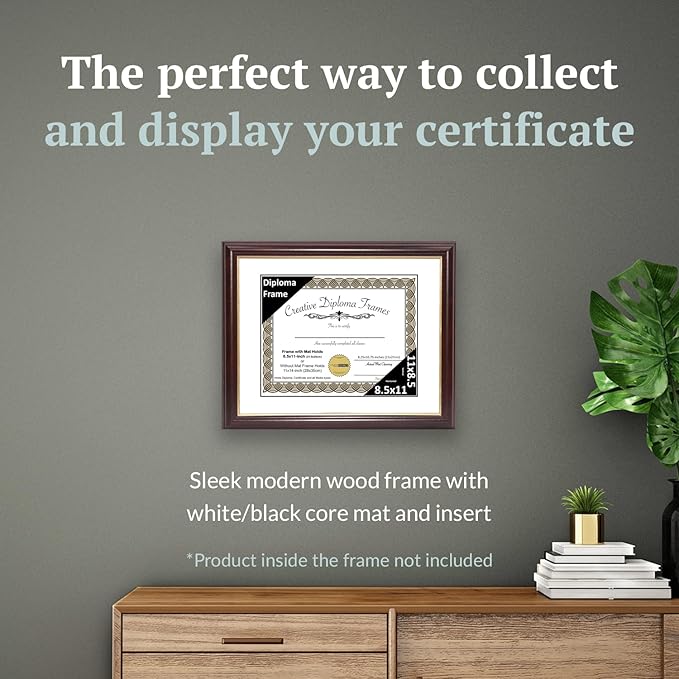 Creative Picture Frames 8.5x11 Mahogany Gold Rim Diploma Frame with White Mat Glass Easel and Installed Wall Hangers | Frame Holds 11x14 Media without Mat