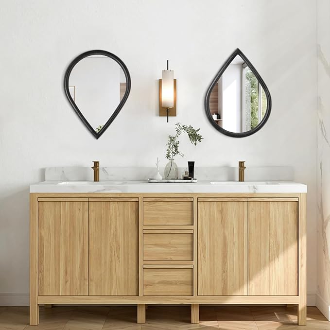 Wood Frame Teardrop Mirror Black Wall Hanging Mirrors Farmhouse Small Decorative Mirrors Oval Unique Mirror for Bathroom Living Room Entryway Hallway