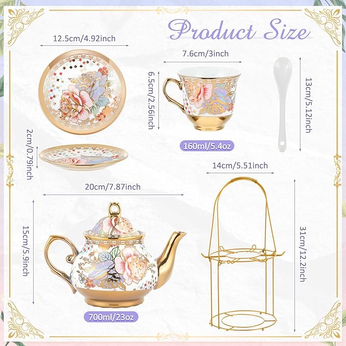 Zhehao 20 Pcs Porcelain Tea Set with Metal Holder and Spoon Adult Ceramic Tea Set European Flower Painting Teapot Cup Saucer Spoon for Women, Large Version(Rustic Style)