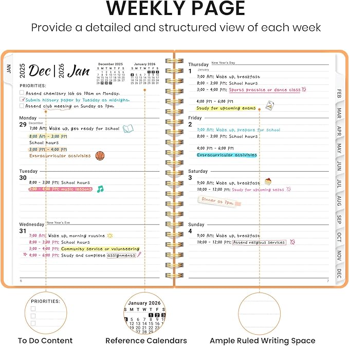 2026 Planner, Weekly and Monthly Calendar Planner for Women, Jan 2026 - Dec 2026, Hardcover Planning Agenda book with Tabs, Spiral Bound, Inner Pocket, Perfect for School Office Supplies, 6.3" x 8.5" - Bright Orange